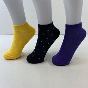 Womens 3-Pack Ankle Socks Yellow Hearts Black Polka Dots Purple Solid